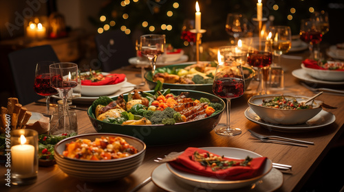 A top-down view of a beautifully set Christmas Eve table, featuring food and beverage