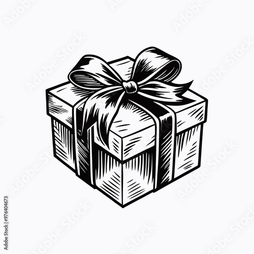 Vintage-style gift box with a ribbon and bow, hand-drawn design on white background, copy space