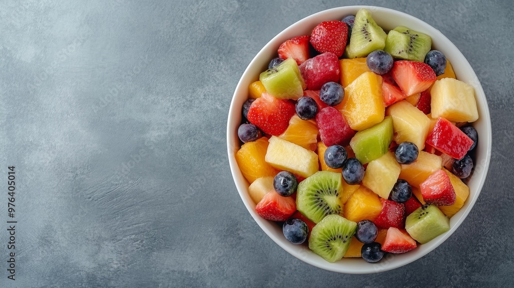 A vibrant bowl of colorful fruit salad featuring a mix of fresh fruits on the right side. The left side is clear for text. Ideal for health, recipe, and food content. A vibrant bowl of colorful fruit salad featuring a mix of fresh fruits on the right side. The left side is clear for text. Ideal for health, recipe, and food content.