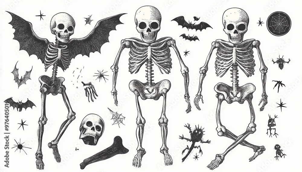 Fototapeta premium Hand-Drawn Skeletons, Bats, Spiders, and Stars on a White Background