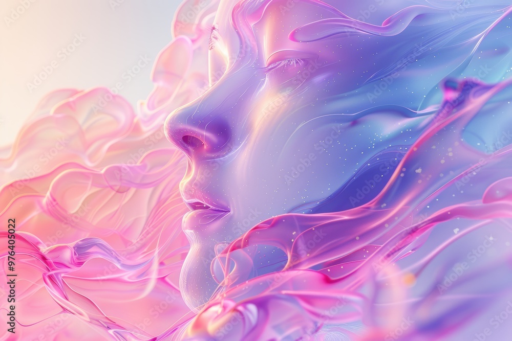 Dreamy liquid design with ethereal colors creating a serene portrait in flowing waves Dreamy liquid design with ethereal colors creating a serene portrait in flowing waves