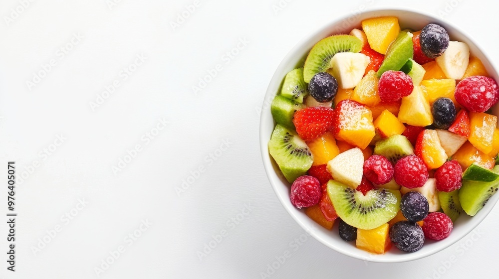 A vibrant bowl of colorful fruit salad featuring a mix of fresh fruits on the right side. The left side is clear for text. Ideal for health, recipe, and food content. A vibrant bowl of colorful fruit salad featuring a mix of fresh fruits on the right side. The left side is clear for text. Ideal for health, recipe, and food content.