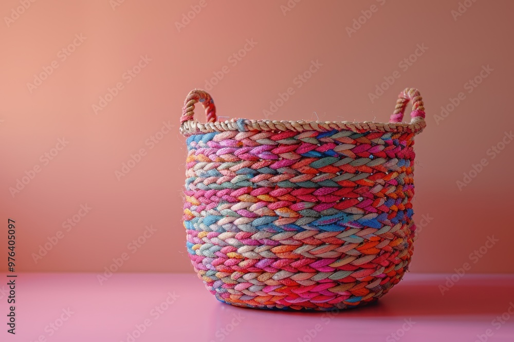 Fototapeta premium Colorful woven basket with vibrant patterns against a soft pink background