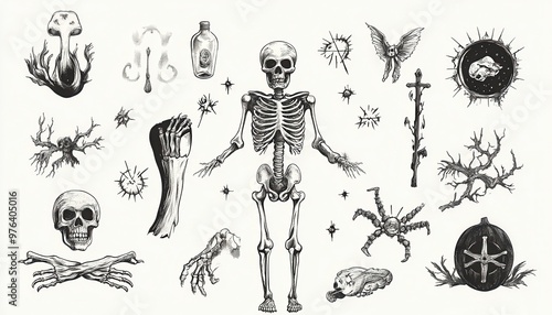 A Collection of Anatomical and Supernatural Illustrations in Black and White photo