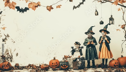 Three Kids Dressed in Halloween Costumes with Pumpkins photo