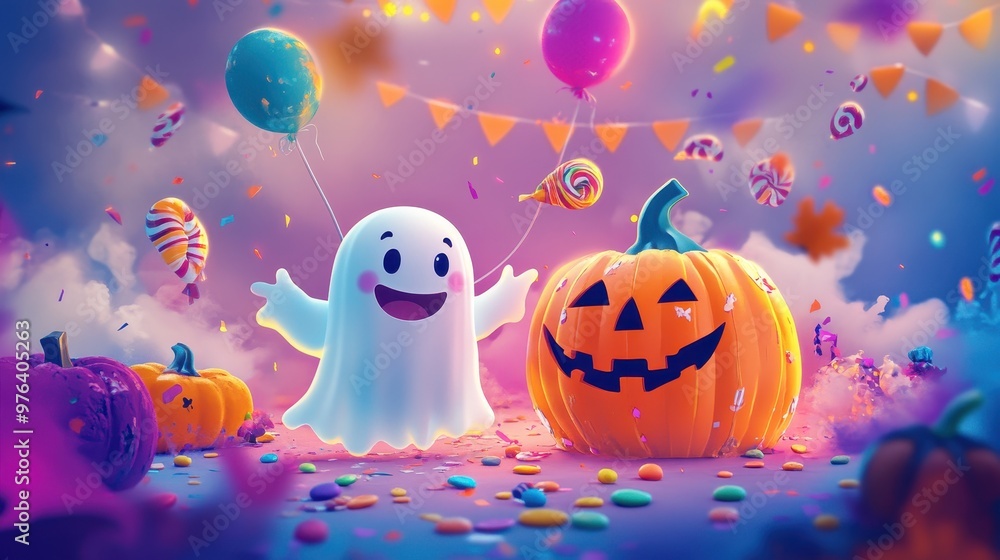 A Happy Halloween Ghost and Jack-O-Lantern with Confetti and Balloons A Happy Halloween Ghost and Jack-O-Lantern with Confetti and Balloons
