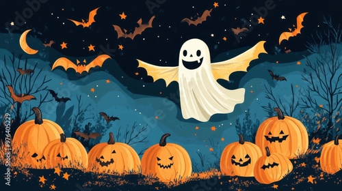 A Friendly Ghost Soaring Above Jack-o'-Lanterns and Bats in a Night Sky