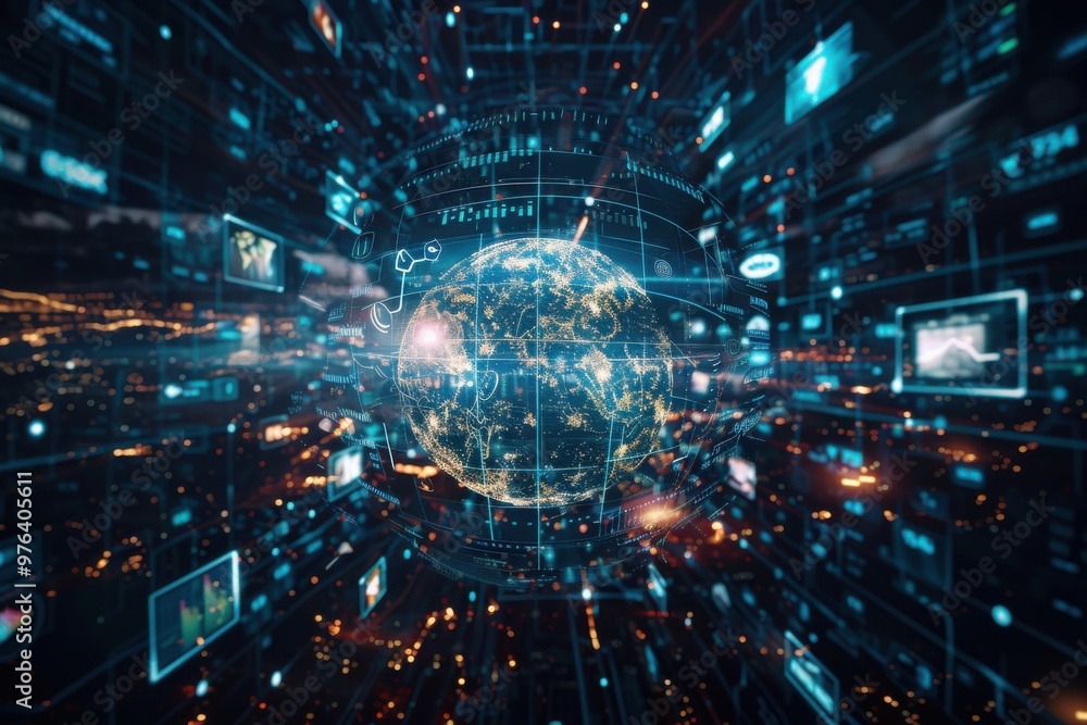 A computer generated image of a globe with many screens surrounding it A computer generated image of a globe with many screens surrounding it