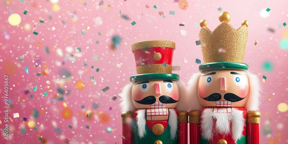 Fototapeta premium Two wooden nutcracker dolls with flying red gold and green metallic confetti, Christmas theme, red, green, and white colors