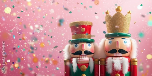 Two wooden nutcracker dolls with flying red gold and green metallic confetti, Christmas theme, red, green, and white colors