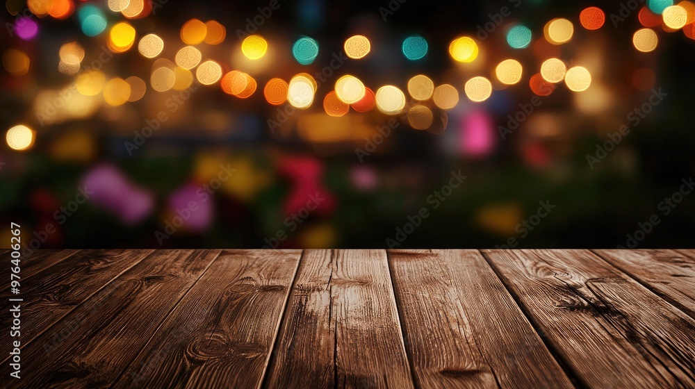 A rustic wooden table in the foreground with colorful bokeh lights in the background, perfect for events or product displays. A rustic wooden table in the foreground with colorful bokeh lights in the background, perfect for events or product displays.
