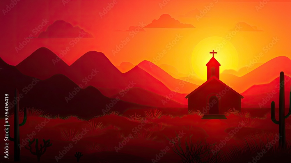 A tranquil sunset view with a silhouetted church, mountains, and cacti, evoking serenity and spiritual beauty in nature. A tranquil sunset view with a silhouetted church, mountains, and cacti, evoking serenity and spiritual beauty in nature.