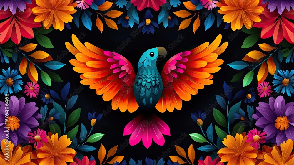 Obraz premium A vibrant and colorful bird surrounded by a floral design, combining nature's beauty with artistic expression.