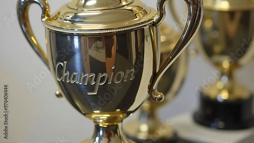 A gleaming championship trophy with Champion engraved on_