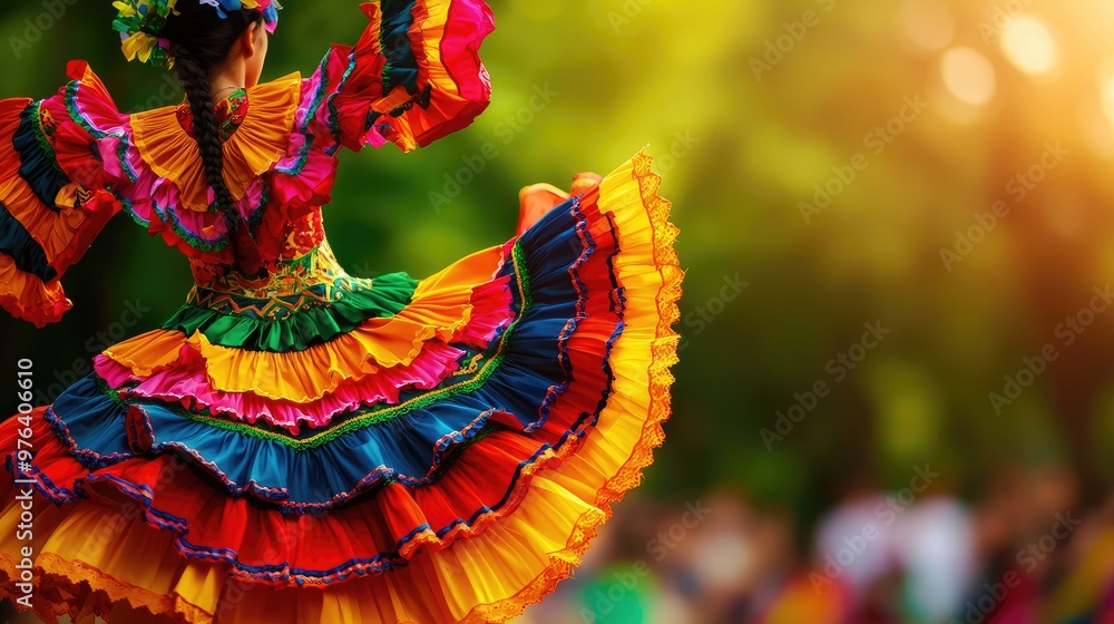 Fototapeta premium A vibrant dancer in a colorful traditional dress twirls gracefully, surrounded by a lush green background, capturing cultural beauty.