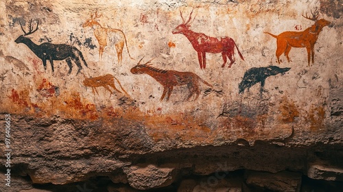 Ancient art on a cave wall depicting a scene from prehistoric life