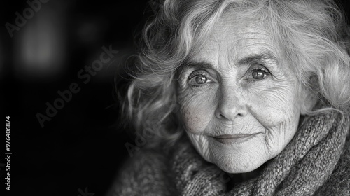 Close-up black and white portrait of an old woman at the table in the home.