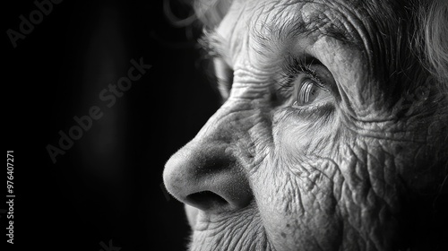 Close-up black and white portrait of an old woman at the table in the home.