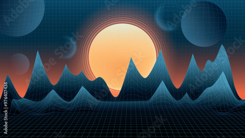 Vector. Abstract wireframe grid relief landscape. Bright orange Sun rising over mountains. Moon and abstract 3d planets. 80s style.