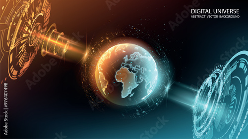 Abstract tech vector background. Hologram of planet Earth. Global map. Science and modern innovative technologies. Futuristic software radar. Hi-tech illustration. Perspective. Energy load scale. 