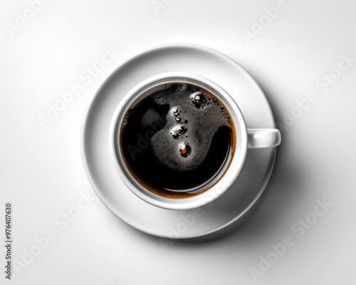 A cup of coffee on the table, top view, isolated on a background with copy space, studio shot, photorealistic