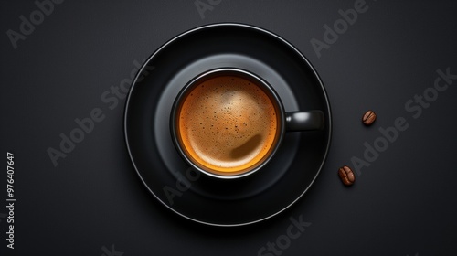 A cup of coffee on the table, top view, isolated on a background with copy space, studio shot, photorealistic