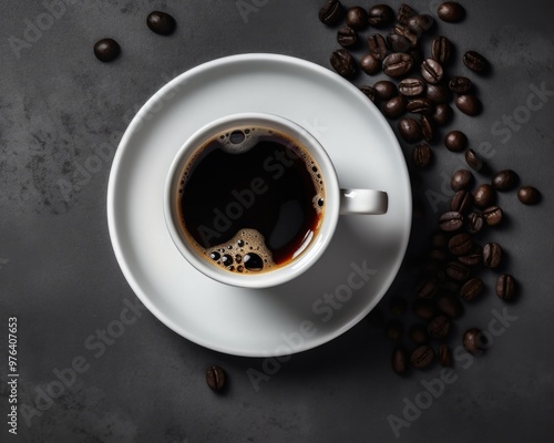 A cup of coffee on the table, top view, isolated on a background with copy space, studio shot, photorealistic