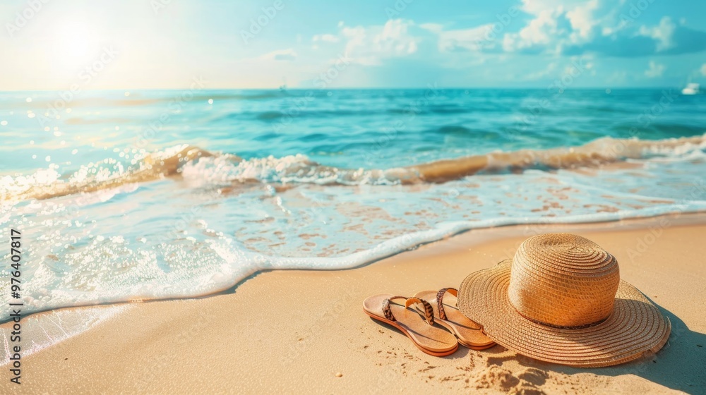 A high-quality stock image of a beach scene featuring a sun hat and flip-flops on the right side, with a clear and open space on the left side for text. Ideal for summer, vacation, and travel content. A high-quality stock image of a beach scene featuring a sun hat and flip-flops on the right side, with a clear and open space on the left side for text. Ideal for summer, vacation, and travel content.