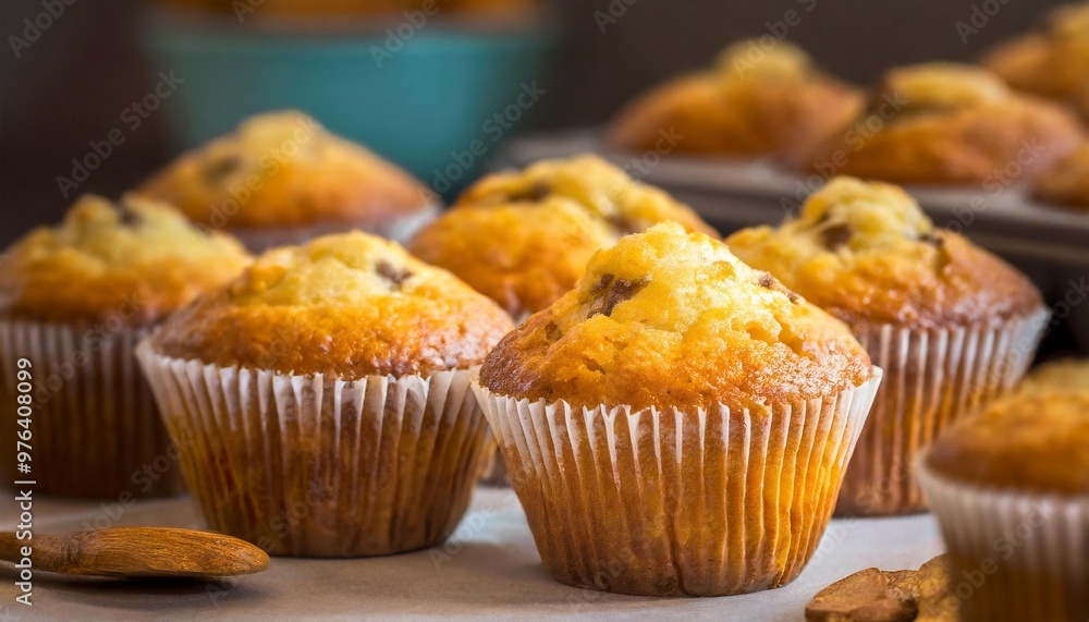 Classic muffins with depth of field showcasing golden tops and moist interiors Classic muffins with depth of field showcasing golden tops and moist interiors