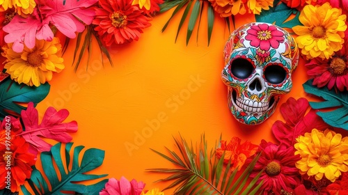 Vibrant floral arrangement with a colorful skull, perfect for celebrating Dia de los Muertos or adding flair to any design project.