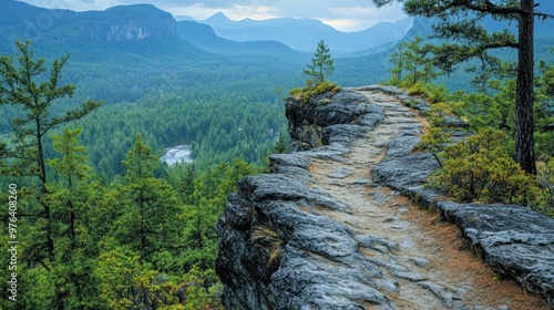 Scenic view of a rocky path overlooking a lush forested valley.