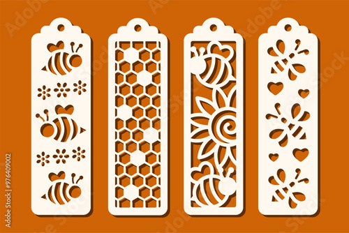 Set of vertical bookmark designs with bee and honeycomb pattern. Laser cut template. Decorative bookmark vector stencil for paper, wood and metal cutting.