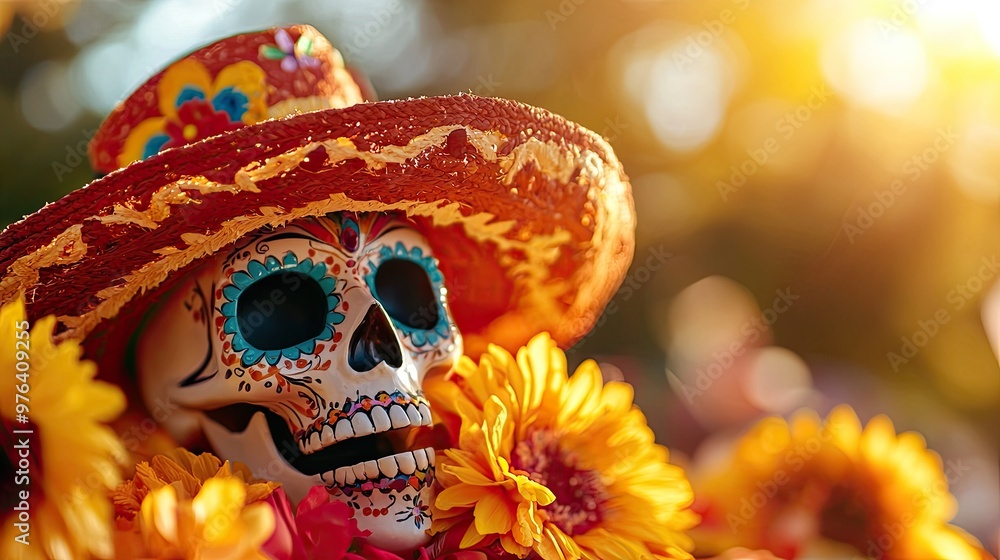Vibrant sugar skull adorned with flowers, surrounded by sunshine, symbolizing Day of the Dead celebration. Vibrant sugar skull adorned with flowers, surrounded by sunshine, symbolizing Day of the Dead celebration.