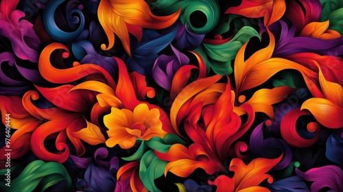 Vibrant swirl of colorful leaves and flowers against a dark background, perfect for artistic and decorative themes.