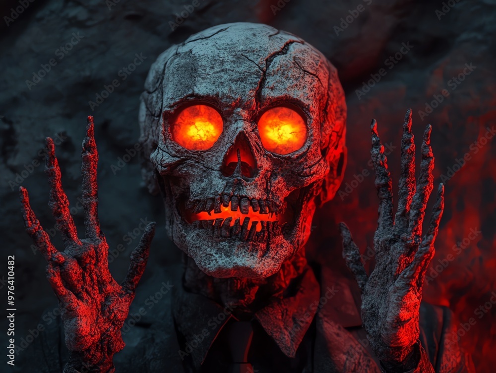 A glowing skeleton with fiery eyes, capturing the essence of horror and the supernatural in a dramatic setting. A glowing skeleton with fiery eyes, capturing the essence of horror and the supernatural in a dramatic setting.