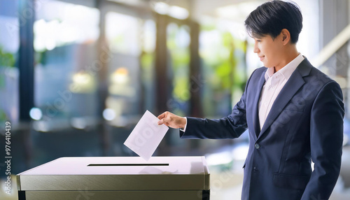 スーツ姿の男性が投票箱に投票用紙を入れている様子を捉えています。背景はオフィスや公共の建物のように見え、明るい光が差し込んでいます。選挙や意思決定の場面を象徴しており、責任ある行動や市民の参加を強調しています。generative AI