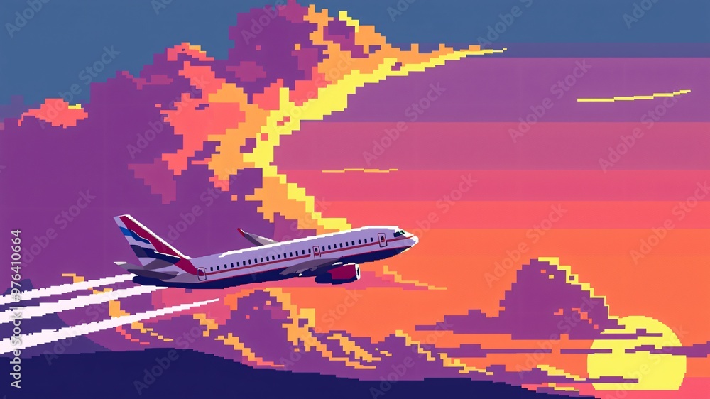 Passenger plane in flight on a sky background. Vector illustration and pixelated of an airplane. Passenger plane in flight on a sky background. Vector illustration and pixelated of an airplane.