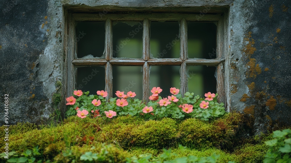 Old window with pink flowers in rustic setting. Vintage charm and nature concept Old window with pink flowers in rustic setting. Vintage charm and nature concept