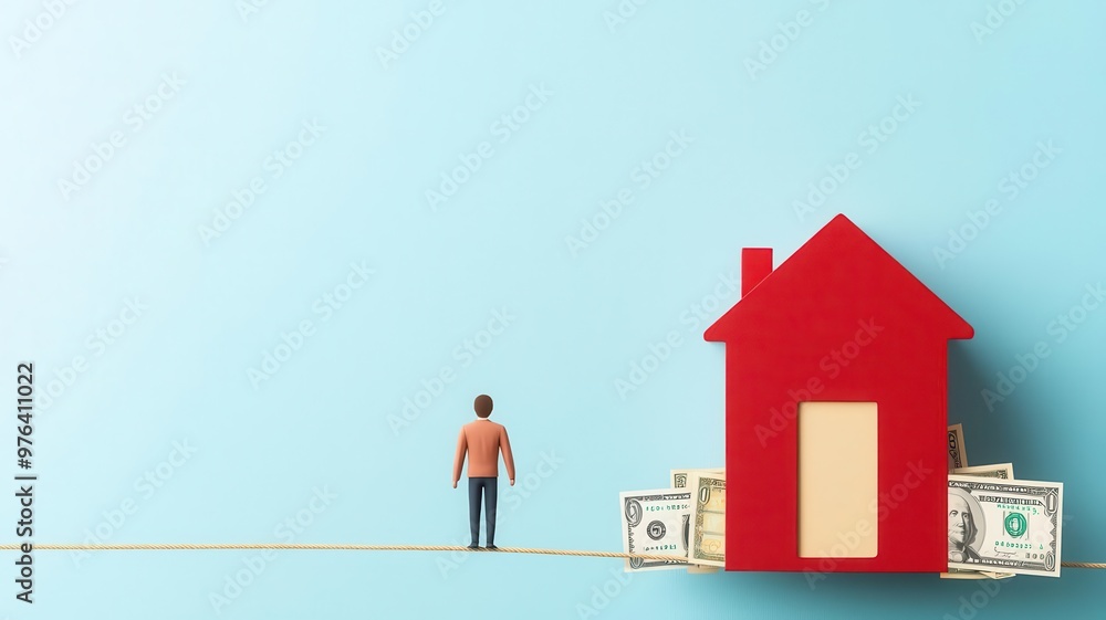 A person standing on a tightrope made of bills A person standing on a tightrope made of bills