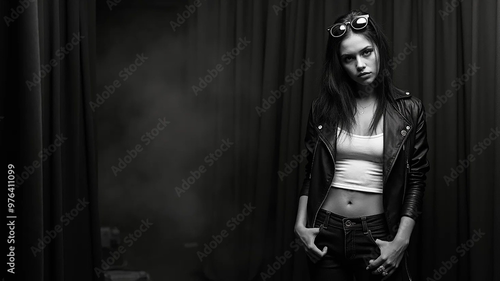 Photo of a rocker punk girl wearing sunglasses, widescreen 16:9, 300 dpi, with free space for text Photo of a rocker punk girl wearing sunglasses, widescreen 16:9, 300 dpi, with free space for text