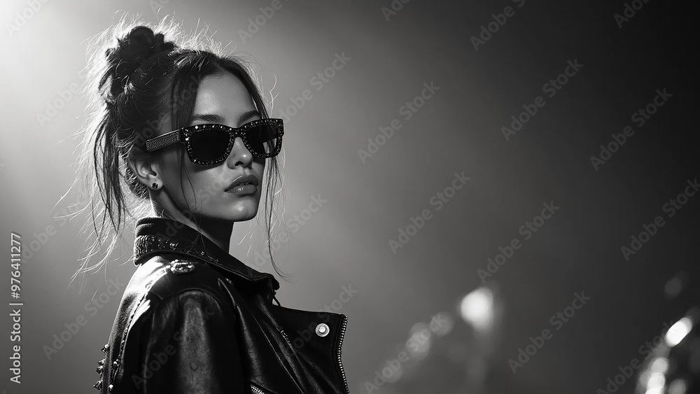 Photo of a rocker punk girl wearing sunglasses, widescreen 16:9, 300 dpi, with free space for text Photo of a rocker punk girl wearing sunglasses, widescreen 16:9, 300 dpi, with free space for text