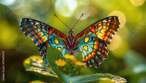 A butterfly with vibrantly colored wings perched on a green leaf showcasing the contrast between its bright patterns and the natural greenery.