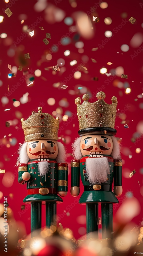 Phone wallpaper, two wooden nutcracker dolls with flying red gold and green metallic confetti, Christmas theme, red, green, and white colors Phone wallpaper, two wooden nutcracker dolls with flying red gold and green metallic confetti, Christmas theme, red, green, and white colors