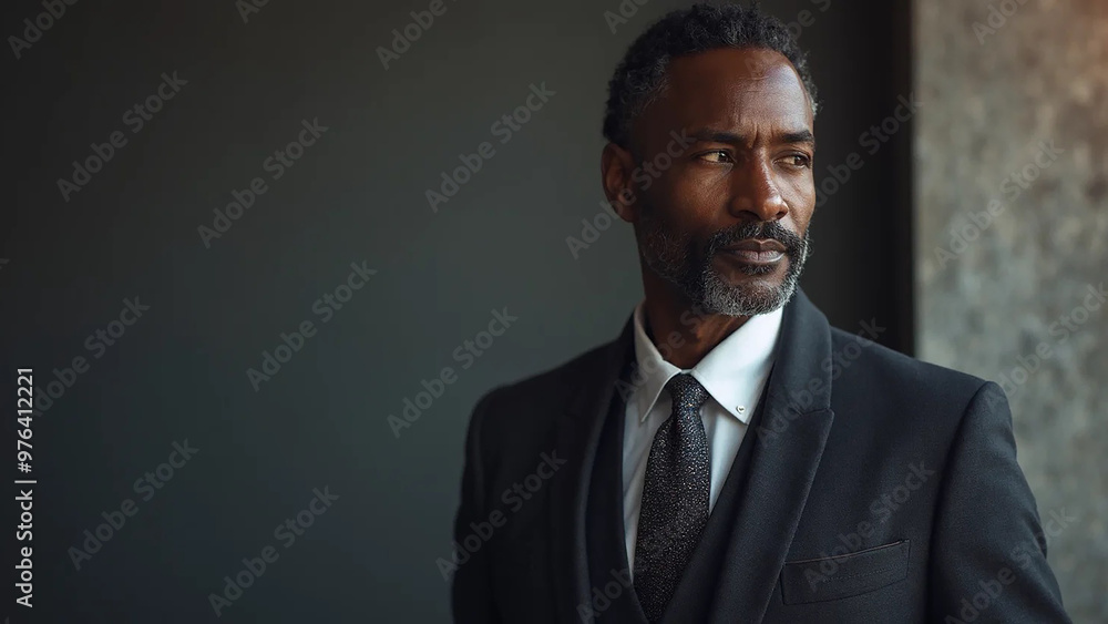 Portrait of fashionable afro-american man in jacket, widescreen 16:9, 300 dpi, with free space for text Portrait of fashionable afro-american man in jacket, widescreen 16:9, 300 dpi, with free space for text