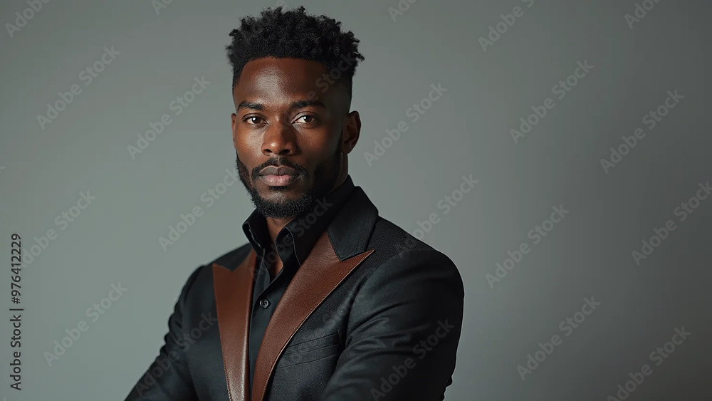 Obraz premium Portrait of fashionable afro-american man in jacket, widescreen 16:9, 300 dpi, with free space for text