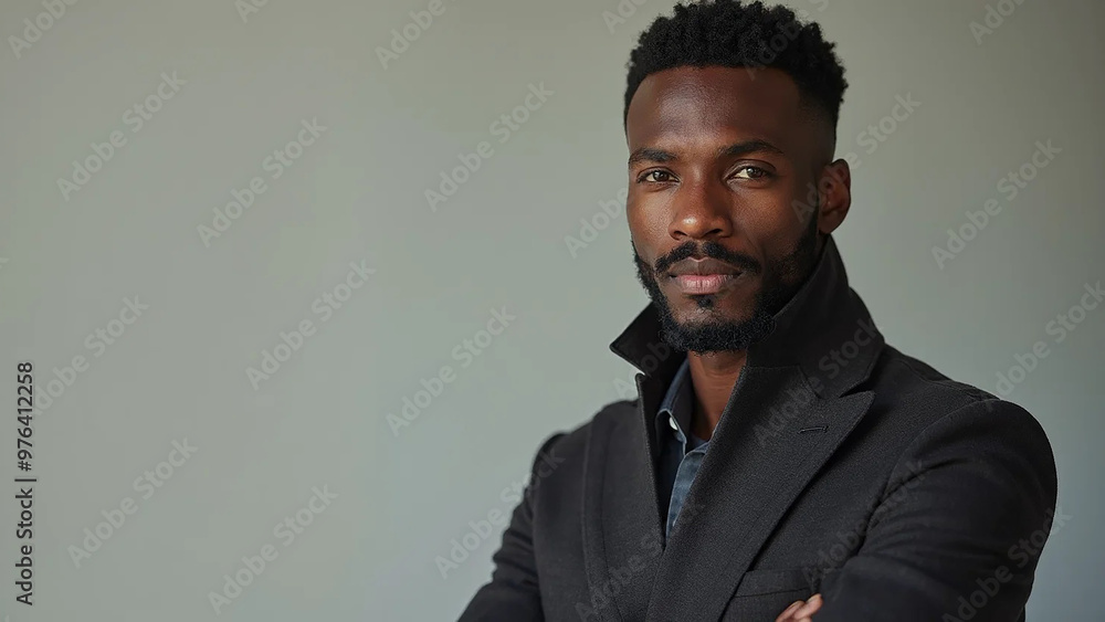 Portrait of fashionable afro-american man in jacket, widescreen 16:9, 300 dpi, with free space for text Portrait of fashionable afro-american man in jacket, widescreen 16:9, 300 dpi, with free space for text