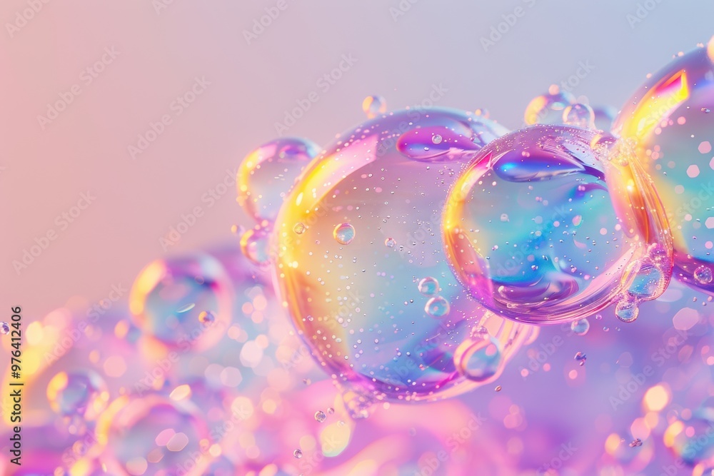 Iridescent bubbles floating gracefully in soft pastel light at dawn Iridescent bubbles floating gracefully in soft pastel light at dawn