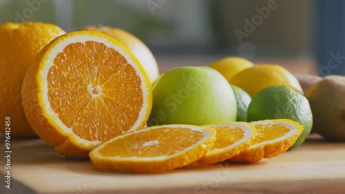 Healthy lifestyle concept. Fruits assortment on kitchen table, close up