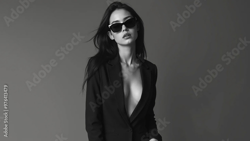 Sexy elegant black and white portrait of young beautiful woman, widescreen 16:9, 300 dpi, with free space for text