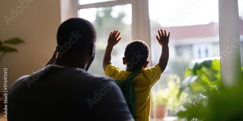 A father and child are captured from behind as they look out of a window on a bright day, symbolizing bond, future, and curiosity in a loving family atmosphere. photo